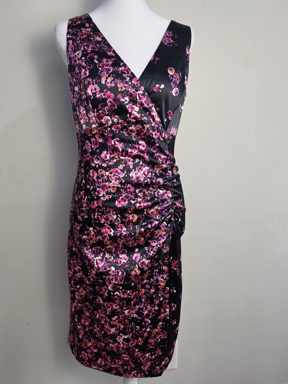 Evan Picone Pink Floral Wrap-Style Midi Dress on Black